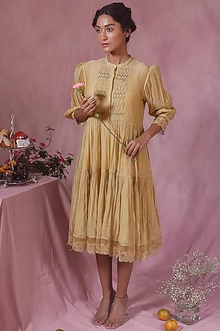 Yellow Malai Cotton Lace Work Tiered Midi Dress by Chokhi Chorri