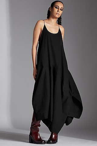 Black Organic Cotton Asymmetrical Dhoti Dress by Chola