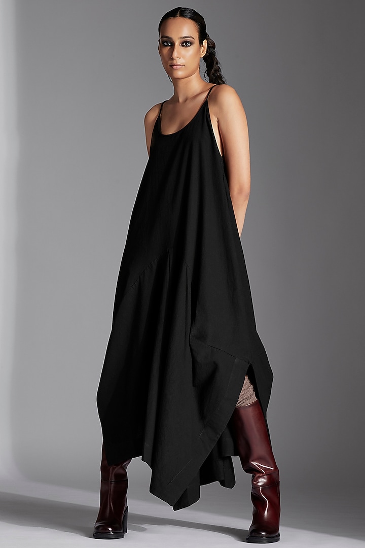 Black Organic Cotton Asymmetrical Dhoti Vacation Dress by Chola at Pernia's Pop Up Shop