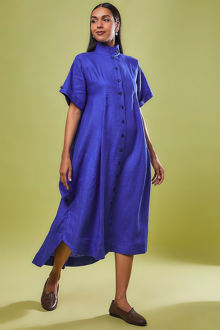 Blue Linen High-Low Shirt Dress by Chola
