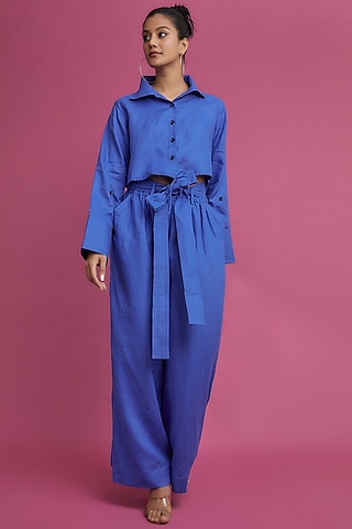 Blue Linen Cropped Shirt by Chola