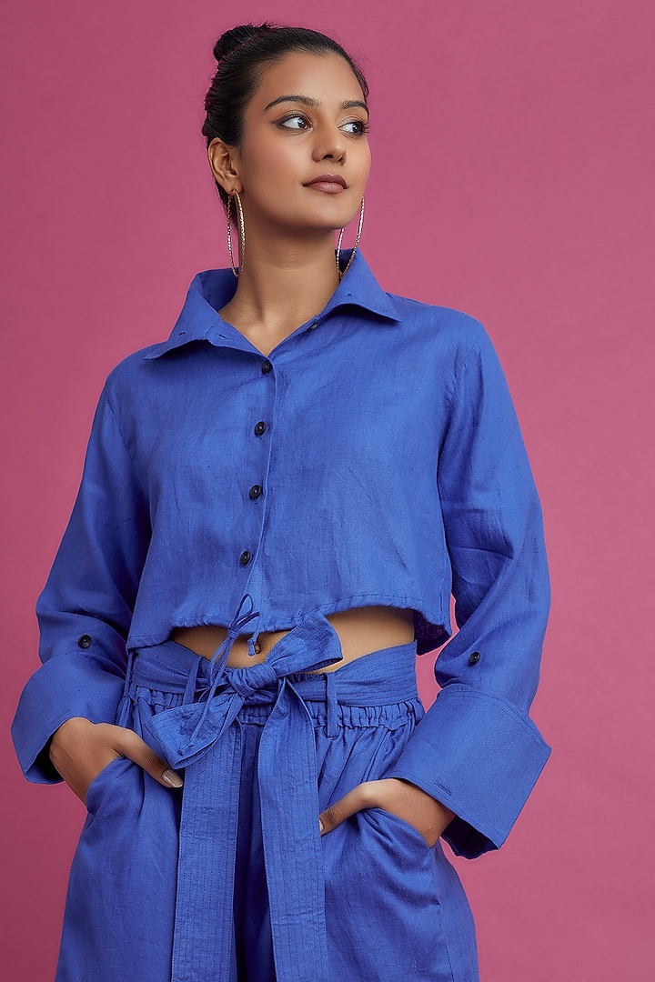 Blue Linen Cropped Shirt by Chola at Pernia's Pop Up Shop