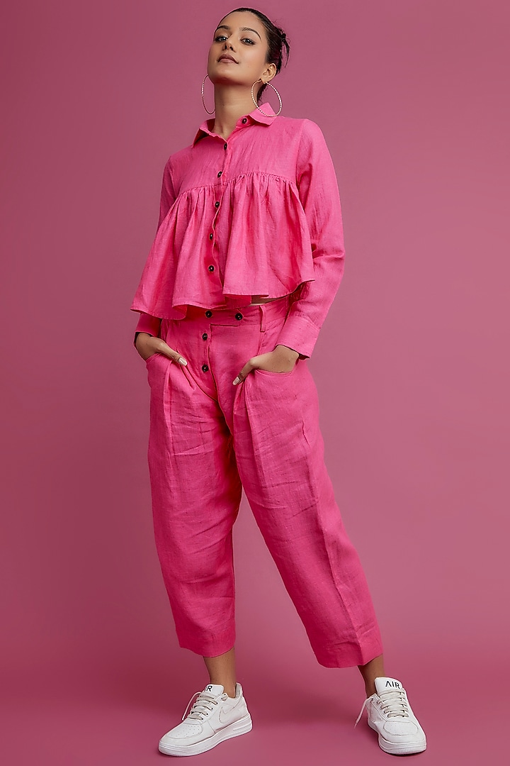 Pink Linen Cropped Shirt by Chola