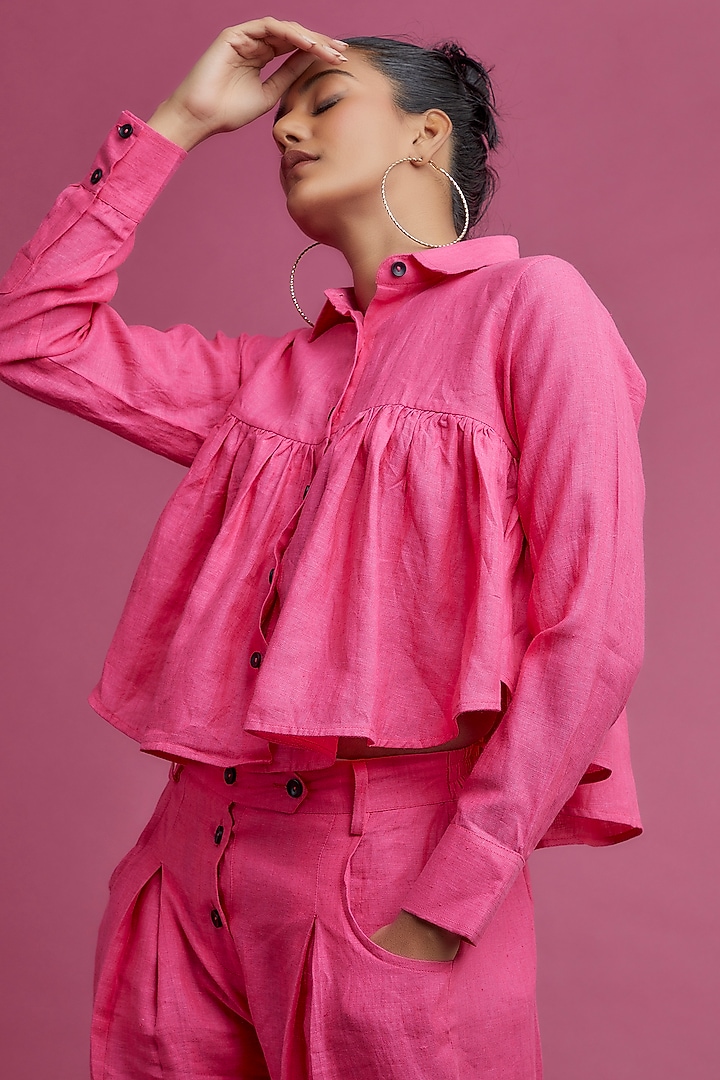Pink Linen Cropped Shirt by Chola at Pernia's Pop Up Shop