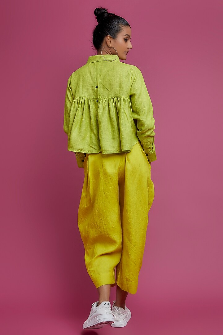 Green Linen Cropped Shirt by Chola at Pernia's Pop Up Shop