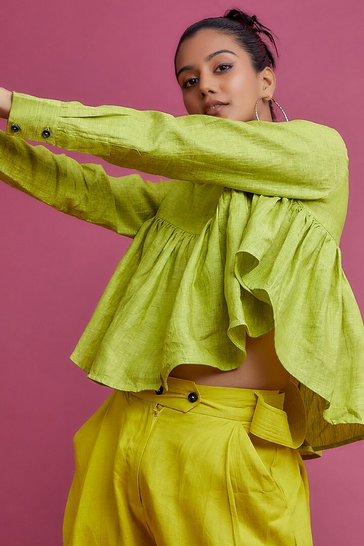 Green Linen Cropped Shirt by Chola at Pernia's Pop Up Shop