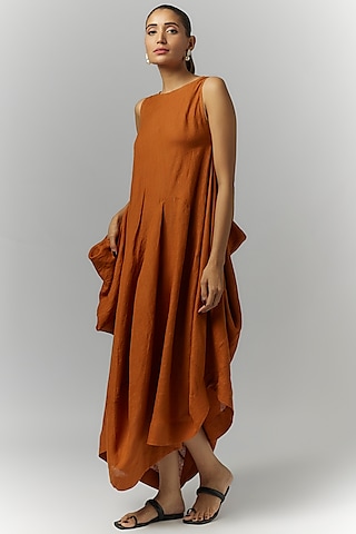 Orange Linen Asymmetrical Dress by Chola
