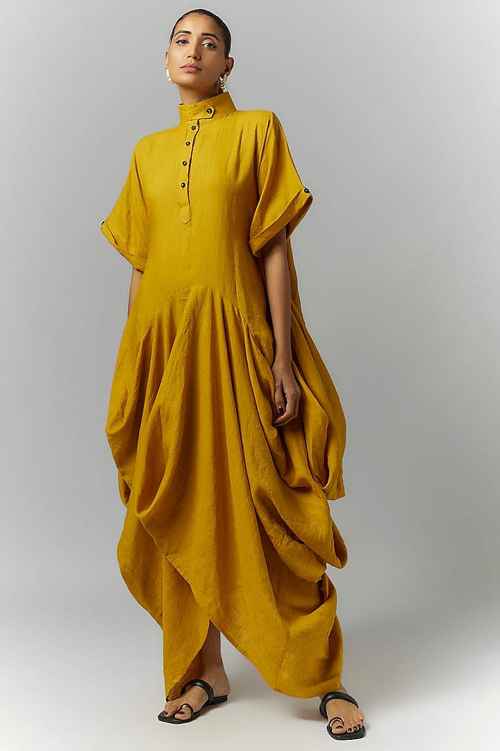 Yellow Linen Circular Deconstructed Vacation Dress by Chola at Pernia's Pop Up Shop