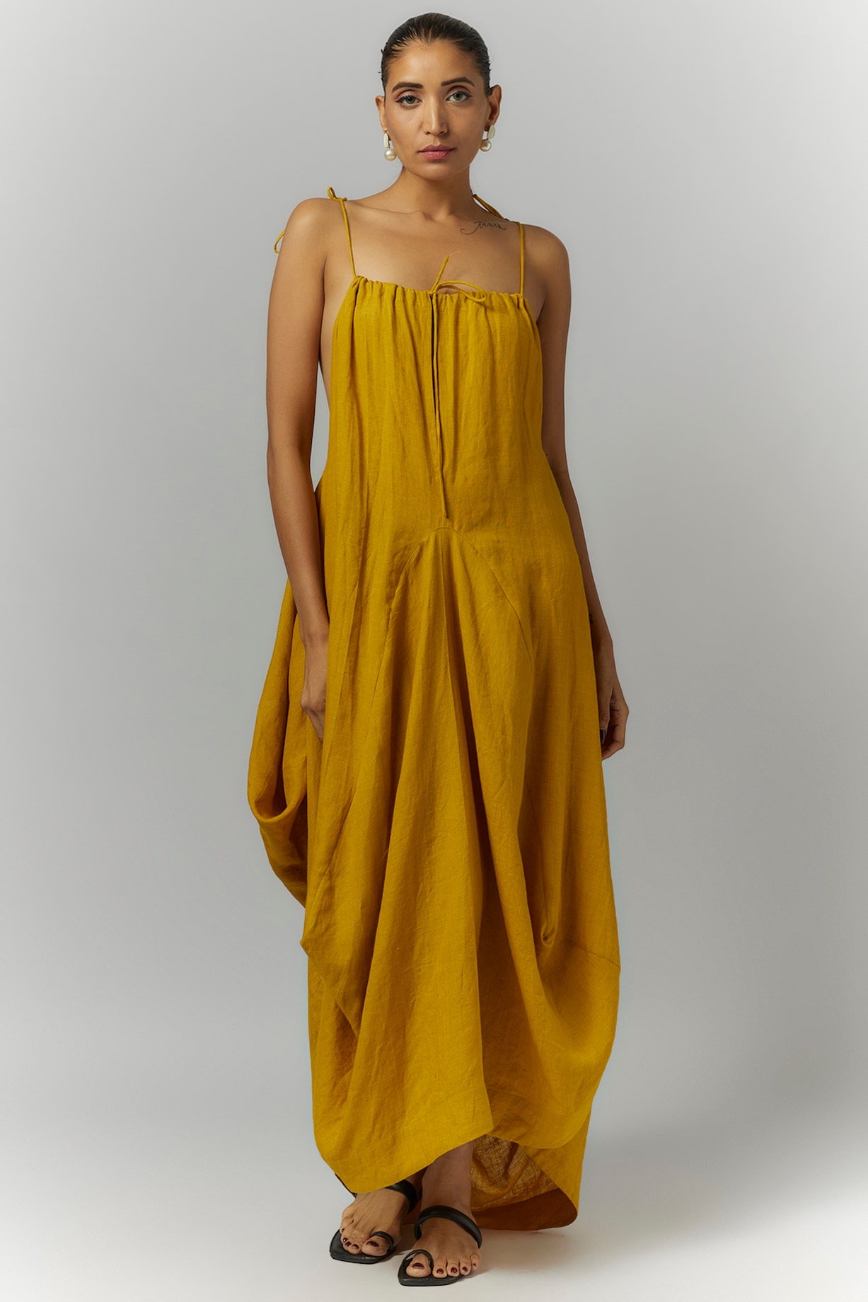 Pernia's Pop Up Shop - Chola Women Mustard Linen Deconstructed Dress