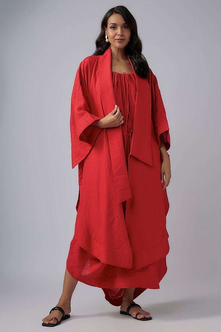 Red Linen Balloon Kimono Jacket by Chola at Pernia's Pop Up Shop