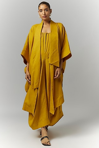 Mustard Linen Balloon Kimono Jacket by Chola