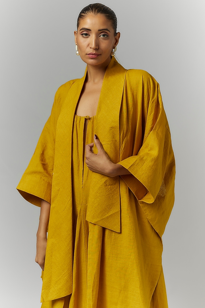 Mustard Linen Balloon Kimono Jacket by Chola at Pernia's Pop Up Shop