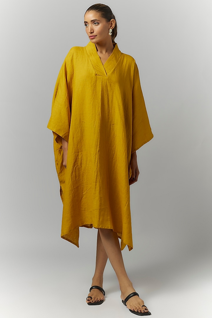 Mustard Linen Kaftan Dress by Chola at Pernia's Pop Up Shop