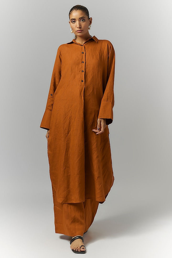 Orange Linen Box-Pleated Long Shirt by Chola