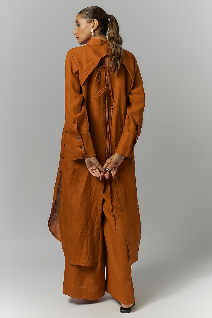 Orange Linen Box-Pleated Long Shirt by Chola at Pernia's Pop Up Shop