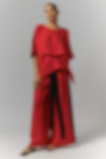 Red Linen Pleated Trousers by Chola at Pernia's Pop Up Shop