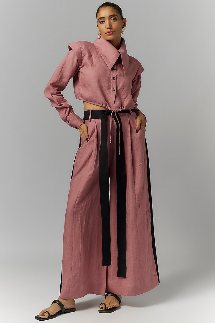 Pink Linen Trousers With Belt by Chola at Pernia's Pop Up Shop