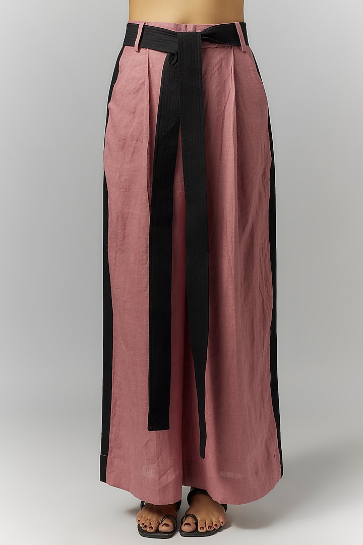 Pink Linen Trousers With Belt by Chola at Pernia's Pop Up Shop