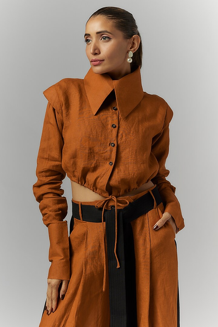 Orange Linen Crop Shirt by Chola at Pernia's Pop Up Shop