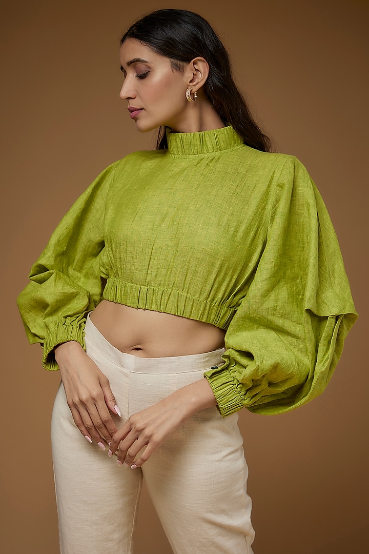 Green Linen Cropped Top by Chola