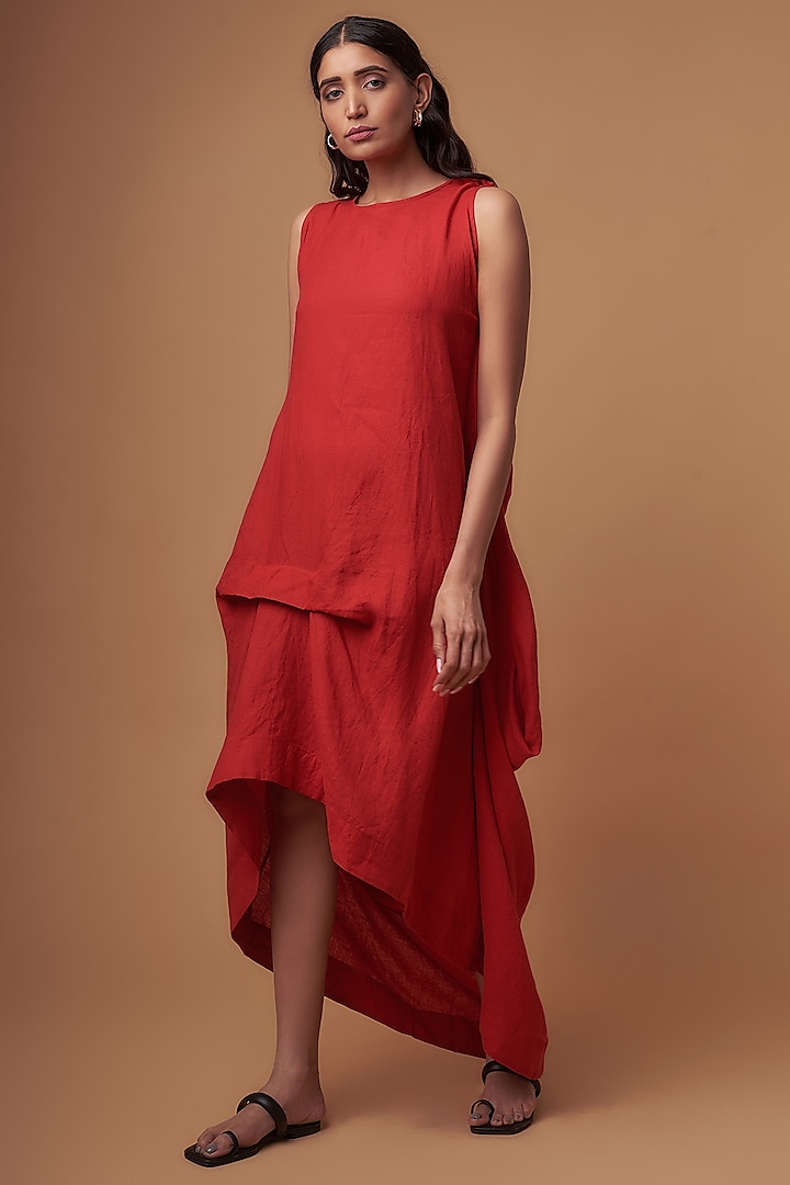 Red Linen High-Low Dress by Chola