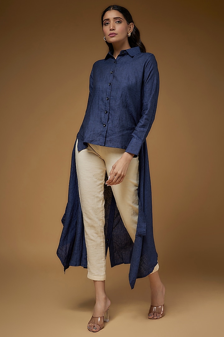 Blue Linen High-Low Shirt by Chola