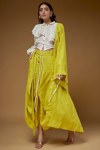 Yellow Linen Dhoti Draped Saree by Chola