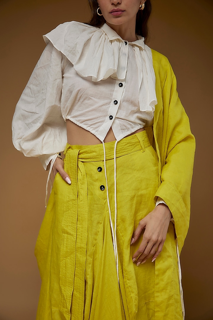 Yellow Linen Dhoti Draped Party Wear Saree by Chola at Pernia's Pop Up Shop