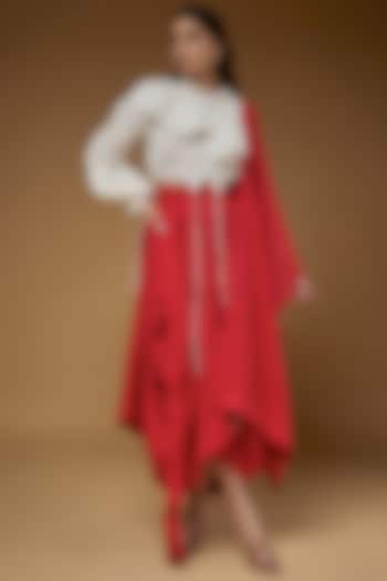 Red Linen Dhoti Draped Saree Set by Chola