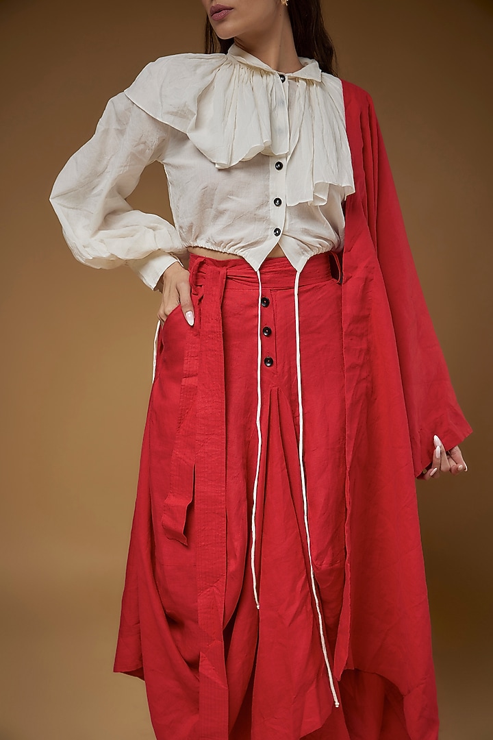 Red Linen Dhoti Draped Party Wear Saree Set by Chola at Pernia's Pop Up Shop