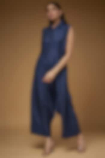 Navy Blue Linen Jumpsuit by Chola at Pernia's Pop Up Shop