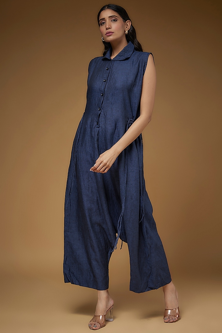 Navy Blue Linen Jumpsuit by Chola at Pernia's Pop Up Shop