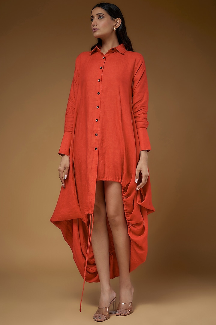 Red Linen Shirt Dress by Chola