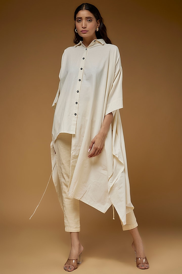 White Organic Cotton Asymmetrical Cape Shirt Design by Chola at Pernia ...