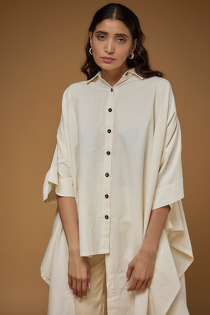 White Organic Cotton Asymmetrical Cape Shirt by Chola at Pernia's Pop Up Shop