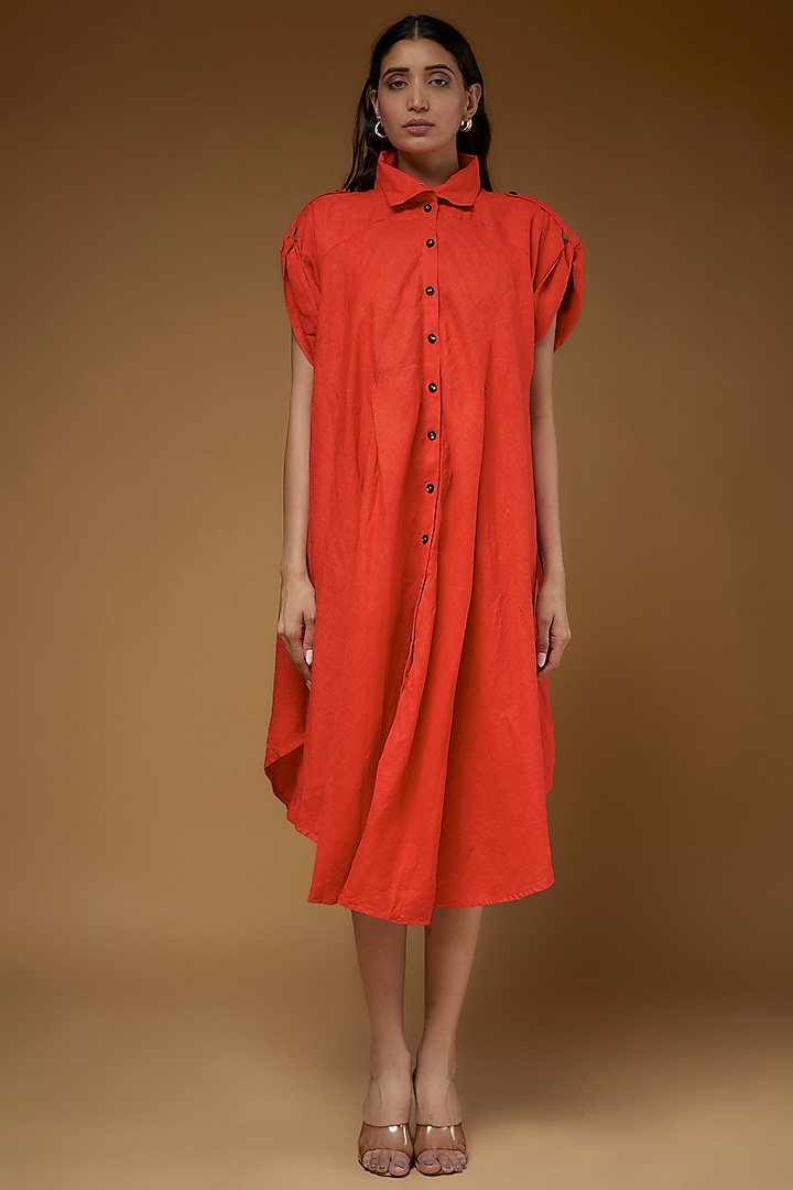 Orange Linen Pleated Shirt Dress by Chola