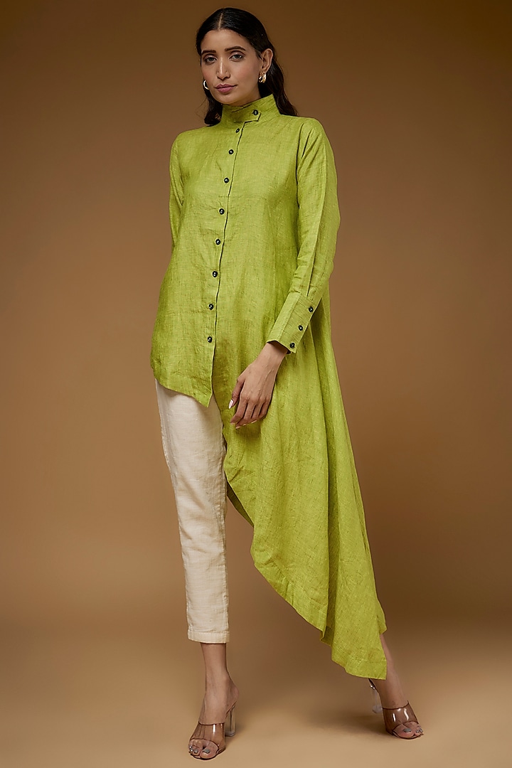 Green Linen Asymmetrical Shirt by Chola
