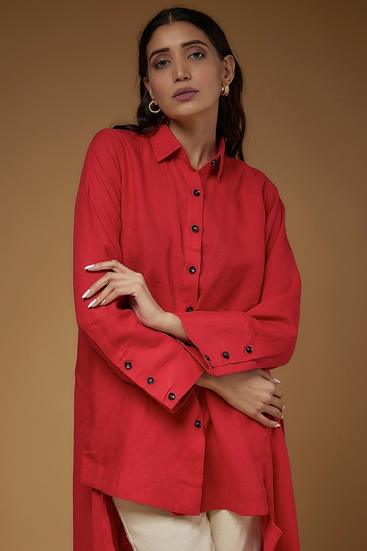 Red Linen Asymmetrical Shirt by Chola at Pernia's Pop Up Shop
