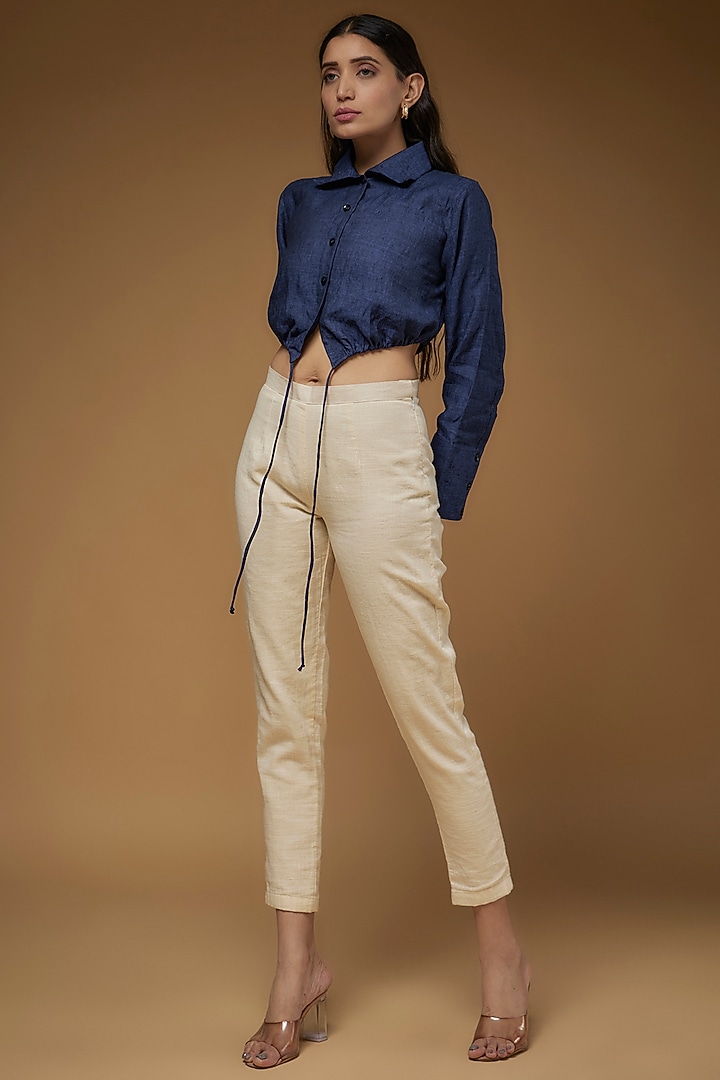 Blue Linen Crop Shirt by Chola at Pernia's Pop Up Shop