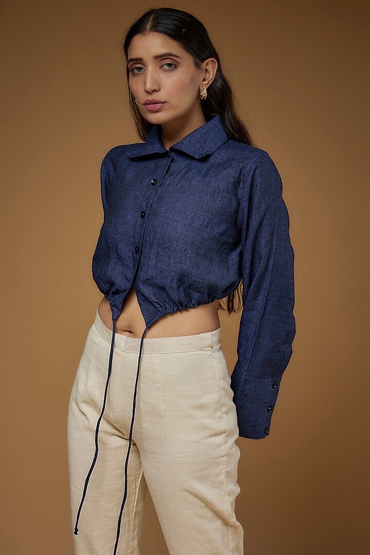 Blue Linen Crop Shirt by Chola at Pernia's Pop Up Shop