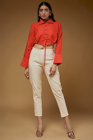 Orange Linen Crop Shirt by Chola
