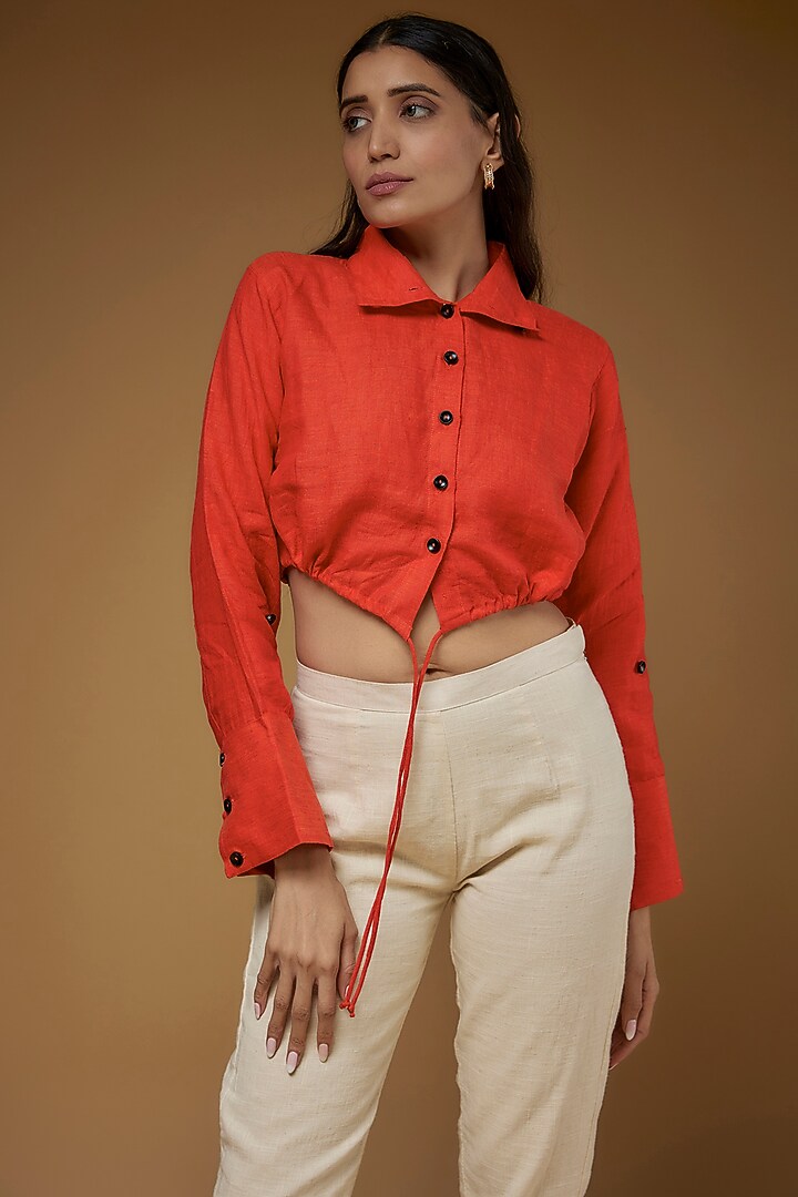 Orange Linen Crop Shirt by Chola at Pernia's Pop Up Shop