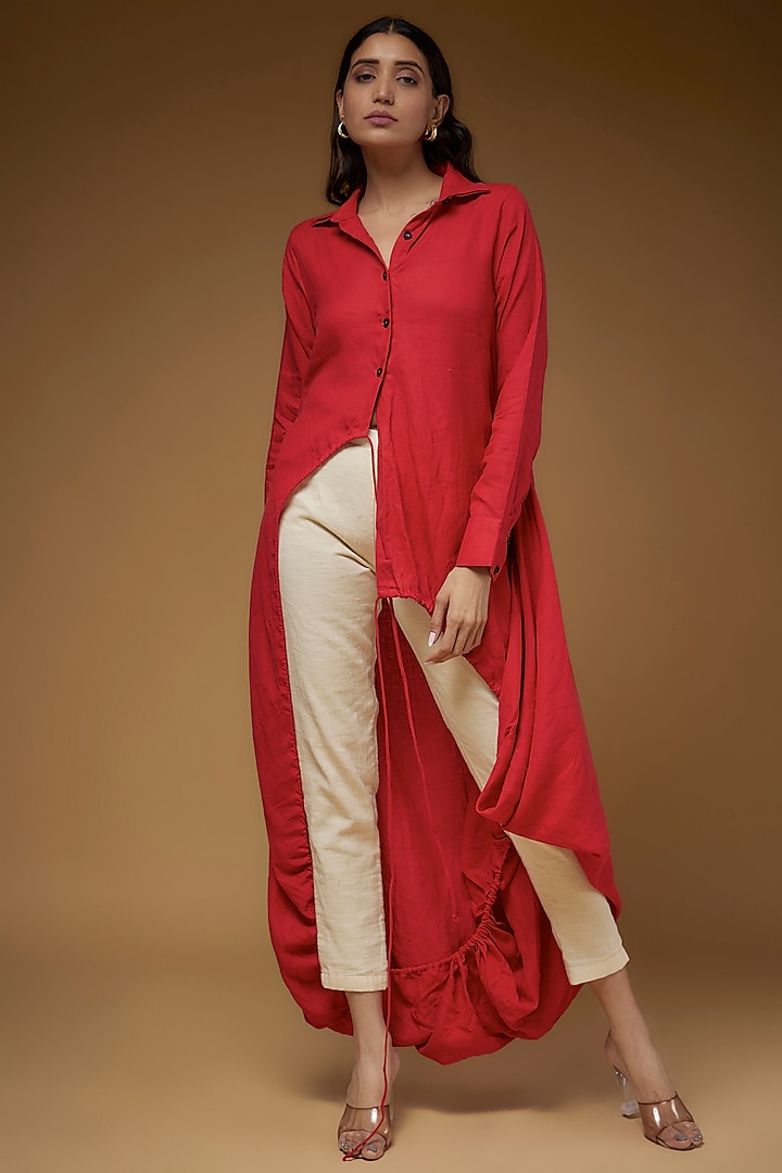 Red Linen Asymmetrical Shirt by Chola at Pernia's Pop Up Shop