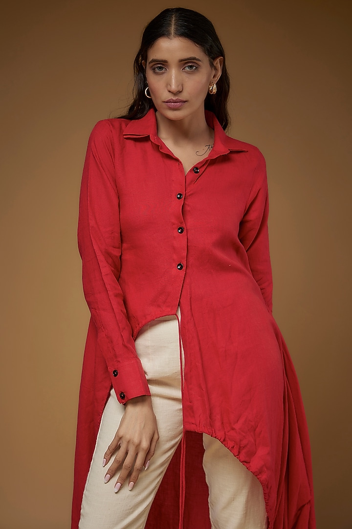 Red Linen Asymmetrical Shirt by Chola at Pernia's Pop Up Shop