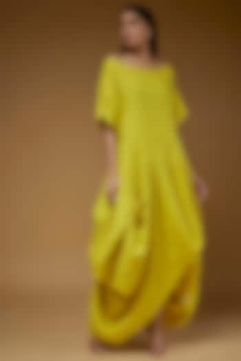 Yellow Linen Off-Shoulder Draped Dress by Chola