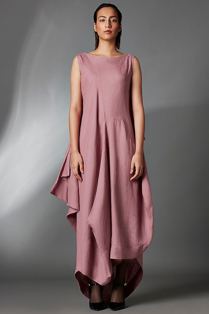Mauve Linen Sleeveless Deconstructed Dress by Chola