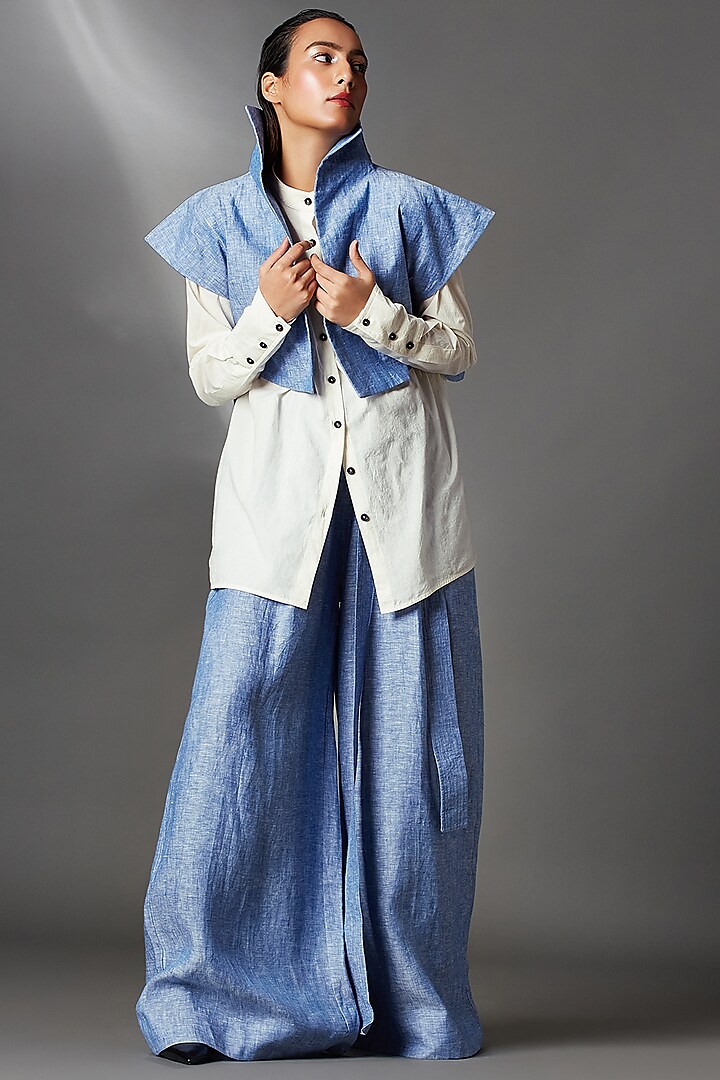 Blue Linen Crop Jacket by Chola at Pernia's Pop Up Shop