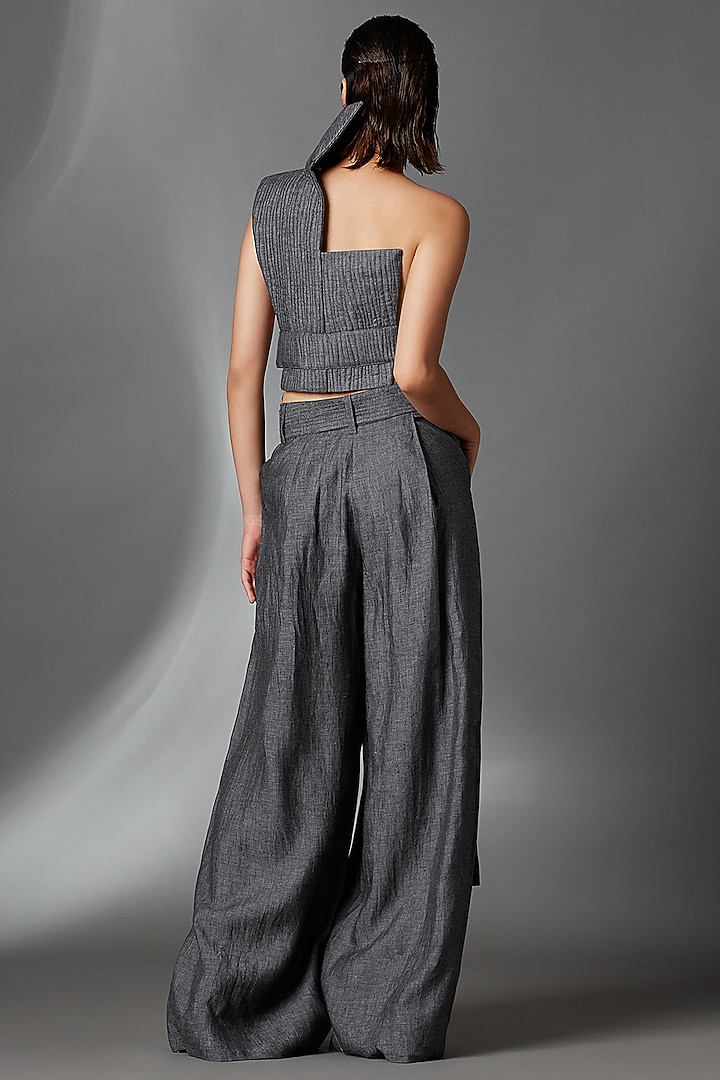 Steel Grey Linen Jacket With Belt by Chola at Pernia's Pop Up Shop