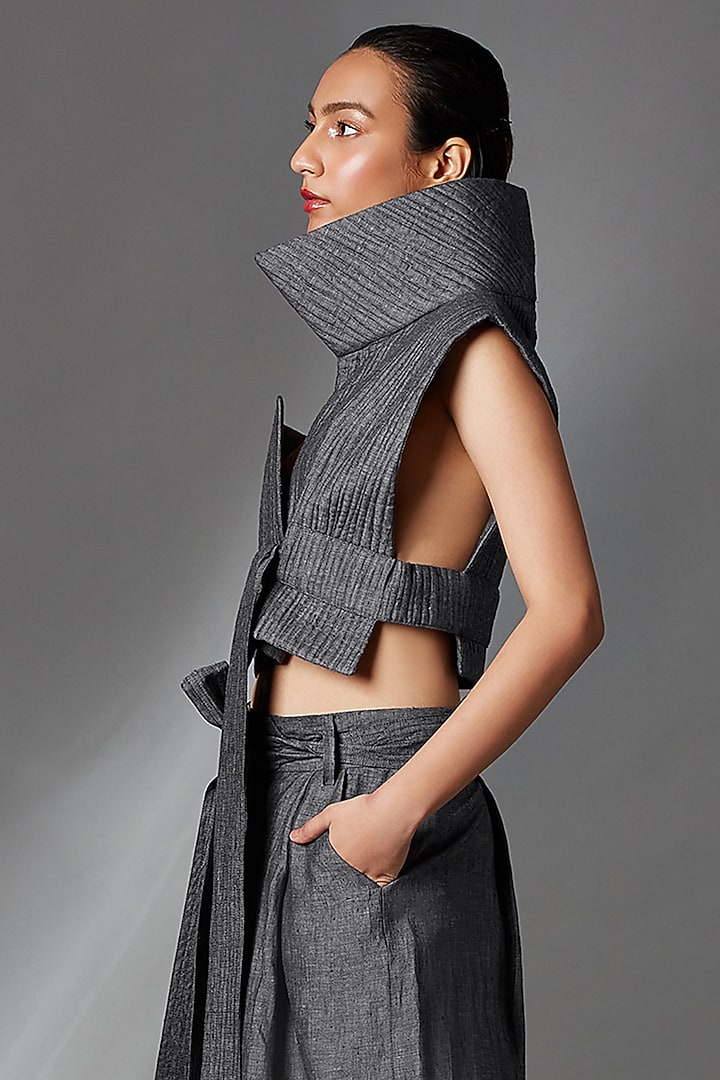 Steel Grey Linen Jacket With Belt by Chola at Pernia's Pop Up Shop