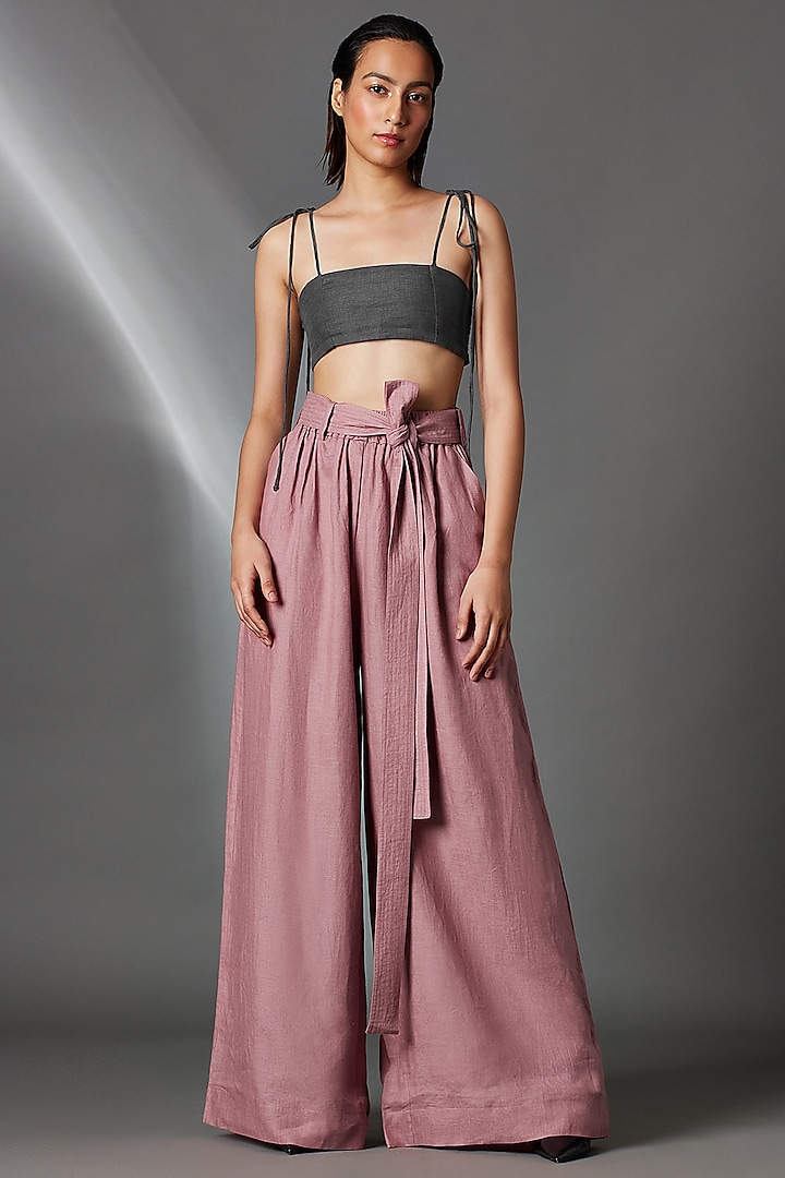 Mauve Linen Wide-Legged Trousers by Chola